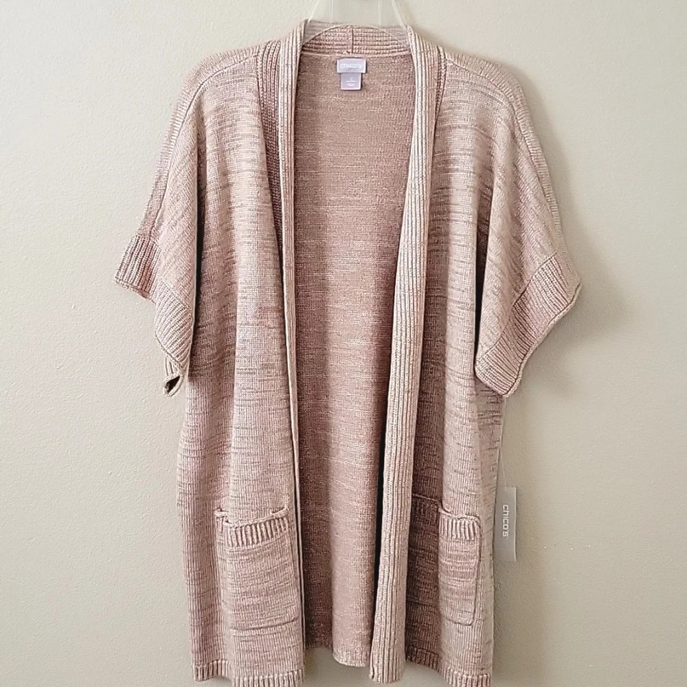 Chico's Neutral Knit Longline Open Front Elbow Sleeve Cardigan Sweater - Size L